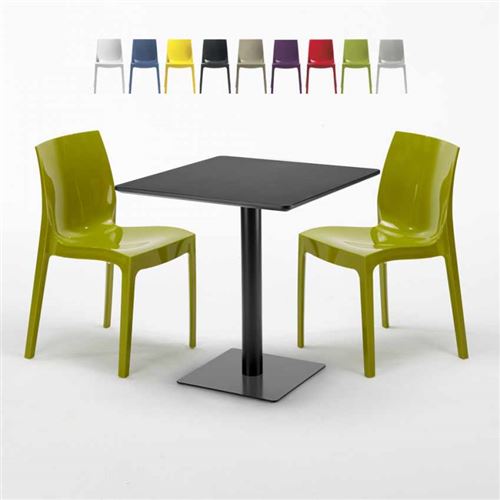 Table carrée noire 70x70 avec 2 chaises colorées Ice Kiwi, Couleur: Vert
