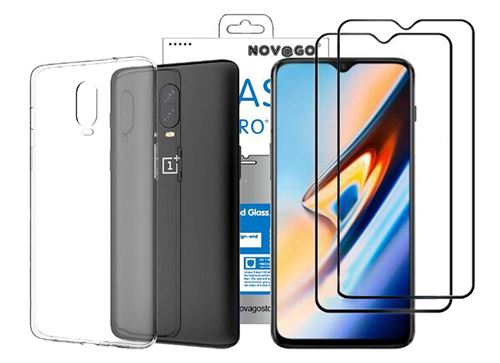 One Plus 6T - Pack (3 en 1) Coque Souple Transparente Anti Choc + 2 Films écran en Verre trempé Couvrant tout l'écran