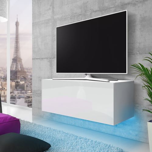 Meuble TV suspendu - LANA - 100 cm - blanc mat / blanc brillant - éclairage LED bleu - style moderne