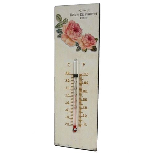 L'Héritier Du Temps - Thermomètre mural décoratif en celsius et farenheit ou à poser motif 'floral' à l'ancienne en fer et papier vernis 0,5x8x25cm