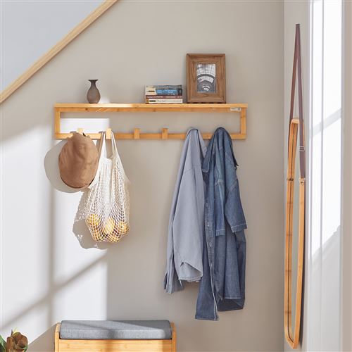 SoBuy® FHK06-N Étagère Porte-Serviette Porte-Manteau Mural en Bambou avec Étagère et 6 Crochets - HxlxP 90x12x16 cm
