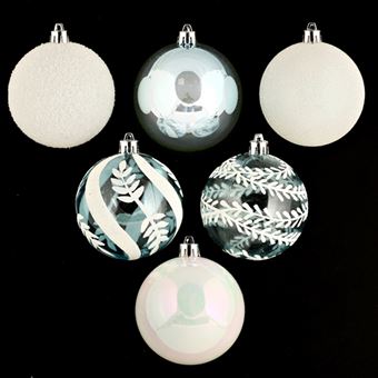 Lot De 6 Boules De Noël Diam 80 Mm Blanc Et Bleu Glacier