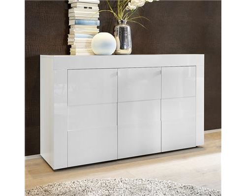 Bahut blanc laqué brillant design OKLAND 2 - Blanc - L 138 x P 42 x H 84 cm