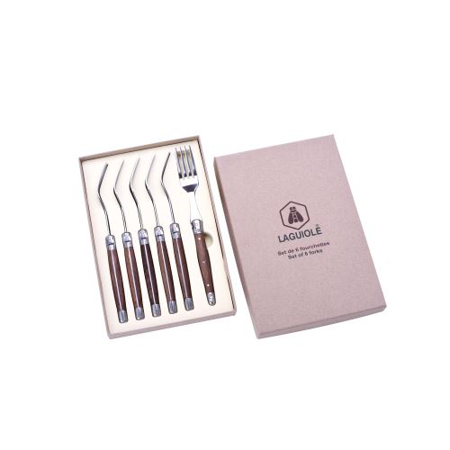 Coffret 6 fourchettes - Manches en bois de noyer - Lame acier inoxydable - Abeille, emblème de la marque, moulée sur la tranche - Coffret cadeau