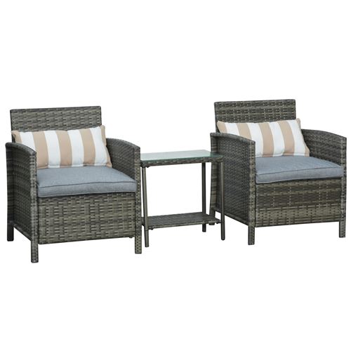 Ensemble de 2 fauteuils de jardin grand confort avec coussins et table basse résine tressée imitation rotin coussins gris