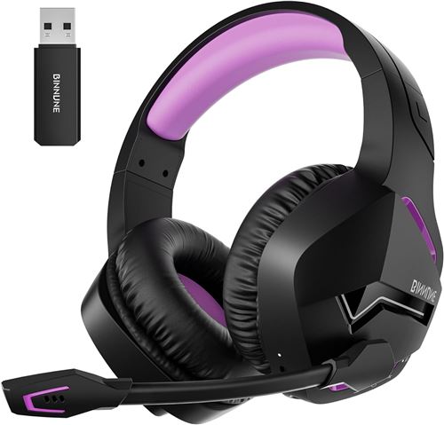 GENERIQUE BINNUNE Casque de Jeu sans Fil avec 2,4 GHz pour PS5, PS4, PC, NS, Joueurs FPS, 120 Heures + Bluetooth 5.3 Casque de Jeu avec Microphone Antibruit, Casque de 50 mm pour Ordinateur Portable - Violet 