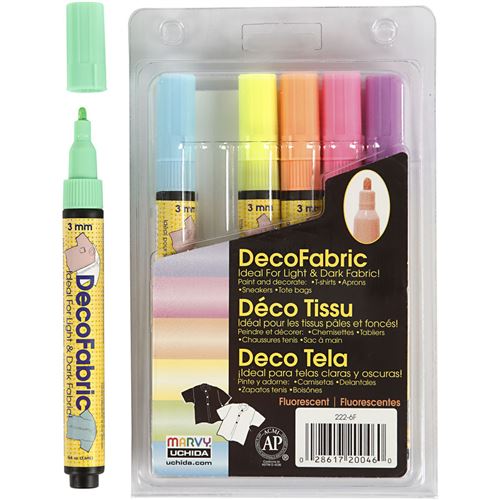 6 feutres textile fluo Glitter Deco - 3 mm - Creotime