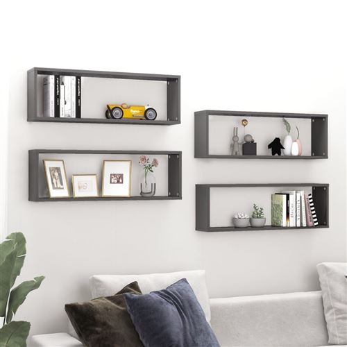 vidaXL Étagères cube murales 4pcs Gris brillant 80x15x26,5cm Aggloméré