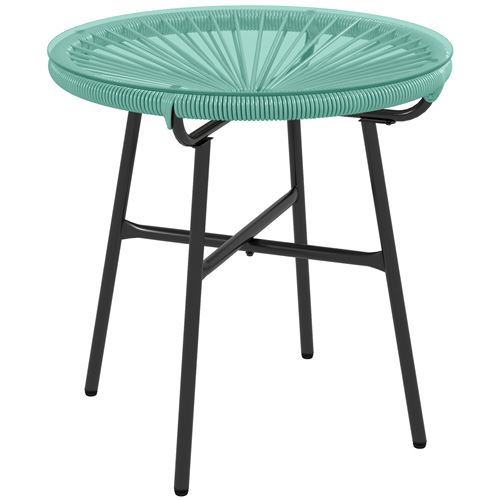 Table basse ronde de jardin en résine aspect rotin métal et plateau verre trempé Ø 50 x 50H cm vert turquoise
