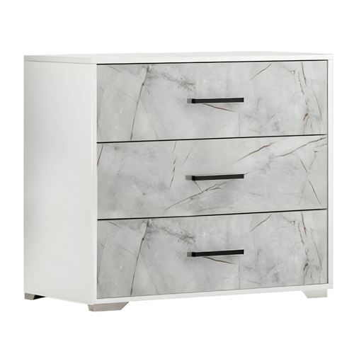 Commode 3 tiroirs laqu&eacute; blanc et imitation marbre - GENESIS -