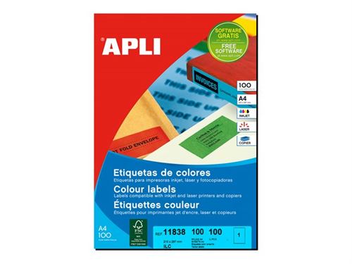 APLI - Adhésif permanent - jaune - A4 (210 x 297 mm) 100 étiquette(s) (100 feuille(s) x 1) boîte - étiquettes permanentes