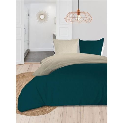 soleil d'ocre parure de couette bicolore - coton lavé - 220 x 240 cm - bleu canard et écru