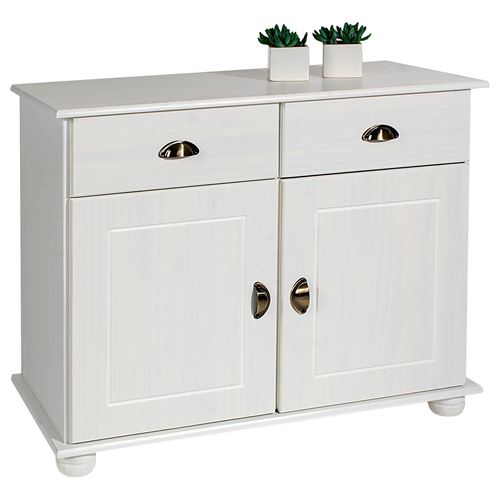 Buffet COLMAR commode bahut vaisselier meuble bas rangement avec 2 tiroirs et 2 portes, en pin massif lasuré blanc