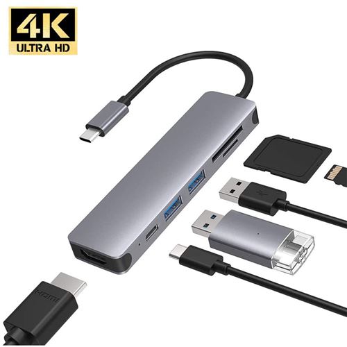 Adaptateur MacBook, USB Type C, 6 en 1, Gris - Hub USB - Achat