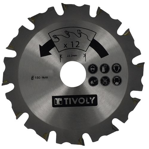 Lame de Scie à Bois Ø180mm TIVOLY 12 dents alesage Ø22,22mm Acier Carbure Spécial Meuleuse pour tout type de bois