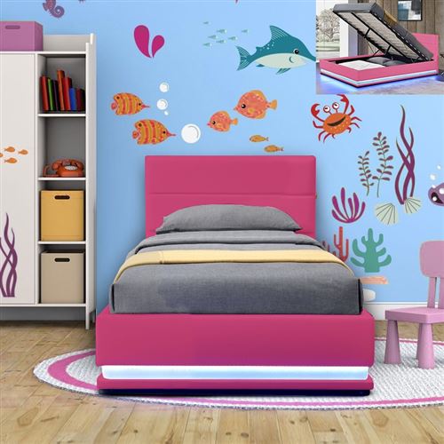 Lit led enfant avec coffre Ava - Rose - 90x190