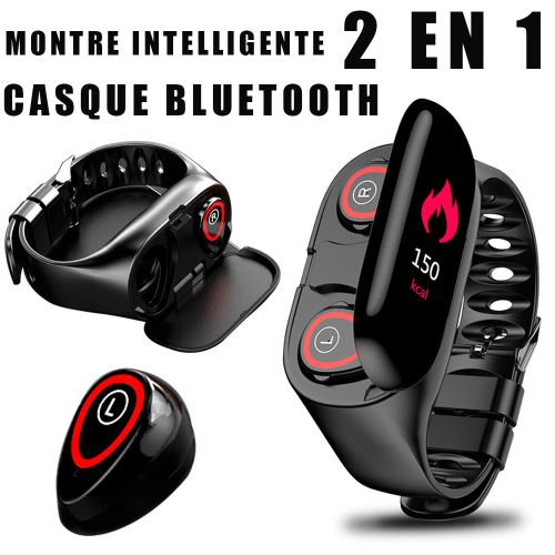 Noir TWS Bluetooth 5.0 téléphone mobile casque sans fil montre intelligente moniteur de fréquence cardiaque sport casque stéréo