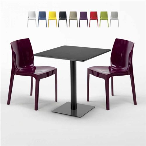 Table carrée noire 70x70 avec 2 chaises colorées Ice Kiwi, Couleur: Pourpre