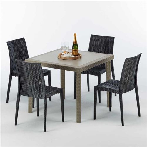 Grand Soleil - Table carrée beige + 4 chaises colorées Poly rotin synthétique Elegance, Chaises Modèle: Bistrot Anthracite noir