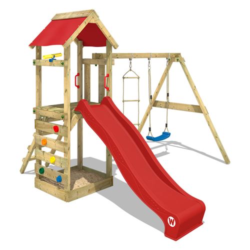 WICKEY Aire de jeux MultiFlyer Portique de jeux en bois Tour d'escalade avec balançoire et toboggan vert