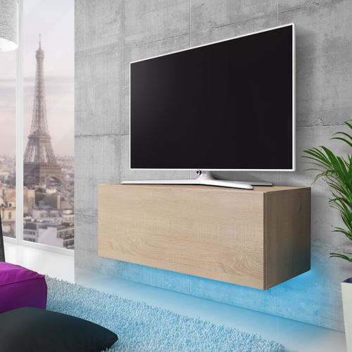 Meuble TV suspendu - SKYLARA - 100 cm - effet chêne - éclairage LED bleu - style moderne
