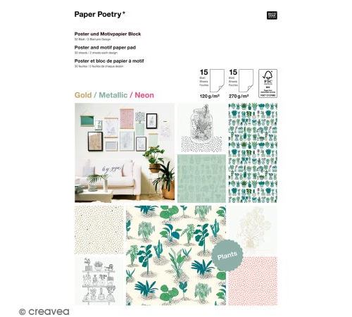 Bloc papier scrap A4 à motif - Gold, metallic - Néon - Hygge plantes et cactus - 30 feuilles