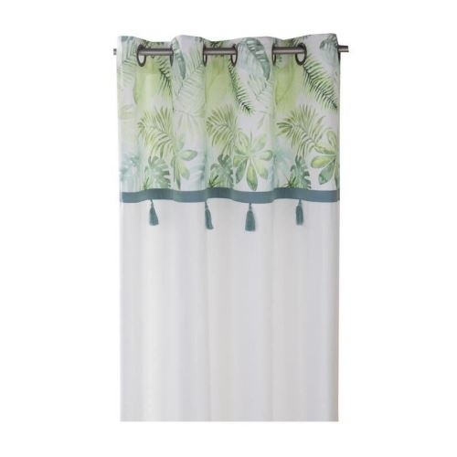 DEKOANDCO Rideau végétal blanc - 135x250 cm - Avec petits pompons- Imprimé vert