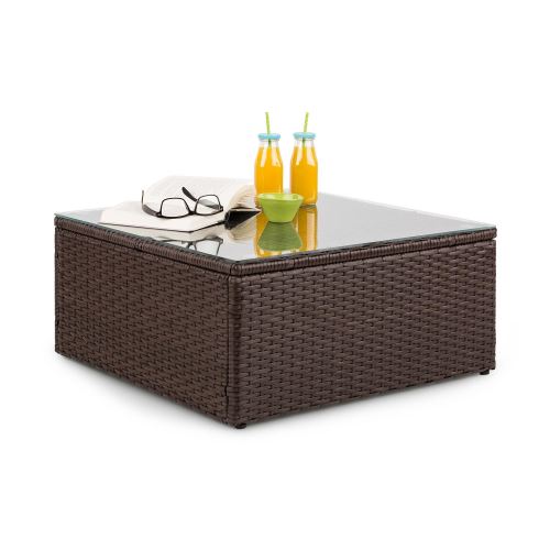 Blumfeldt Theia Table de salon de jardin élégante avec plateau en verre - design polyrotin tressé marron