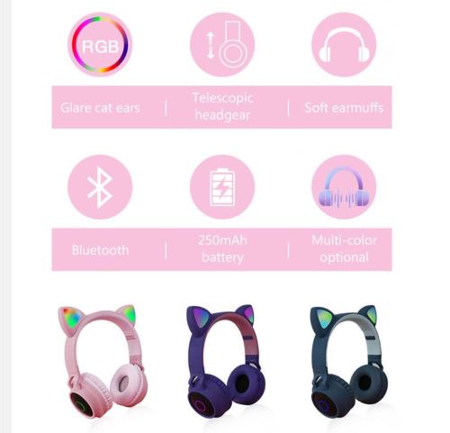 Acheter Écouteurs sans fil Bluetooth stéréo, casque d'écoute lumineux en  forme d'oreille de chat mignon, Bluetooth 5.0