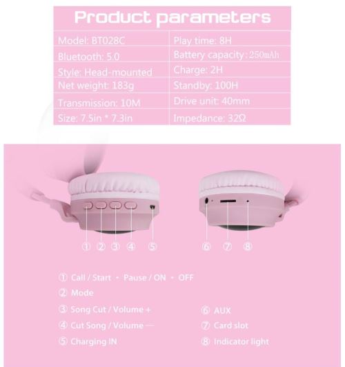 Casque Mignon chat Ecelen Bluetooth 5.0 sans fil Hifi musique stéréo basse  casque lumière LED téléphones mobiles fille pour PC Rose - Casque audio -  Achat & prix