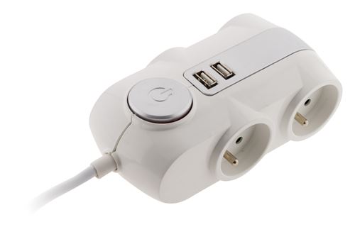 Bloc Premium 4x 16A 2P+T avec interrupteur - câble HO5VV-F 3G1mm² 1,5m + 2x USB équipé d'une fiche extraplate blanc