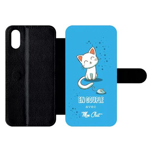 Etui My-Kase pour iPhone X - en couple avec mon chat fond bleu - Simili-cuir Noir