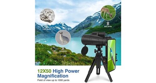 Télescope Monoculaire 12x50 Haute Puissance – Compact, étanche IPX7 – Pour Observation Nature, Randonnée, Voyages