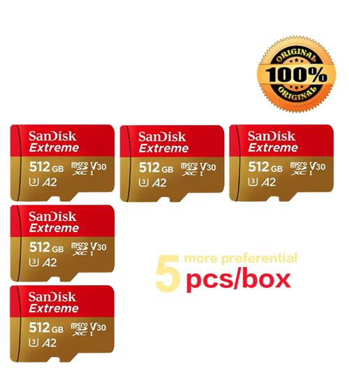 Lot de 5PCS Micro SD SDXC SanDisk Extreme 512 Go Carte Mémoire micro SDXC A2 vitesse lecture 190/s, écriture130Mo/s Classe 10 U3 V30