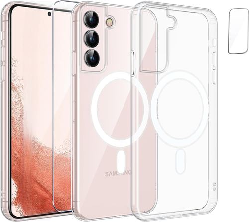 Coque Silicone Transparente Compatible Magsafe + Verre Trempes et Protection Camera Arriere Transparent Pour Samsung Galaxy S22 Plus Little Boutik©