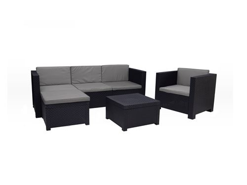 Figari - Salon bas de jardin 5 places - en résine tressée injectée - noir avec coussins gris - pouf modulable Couleur - Noir
