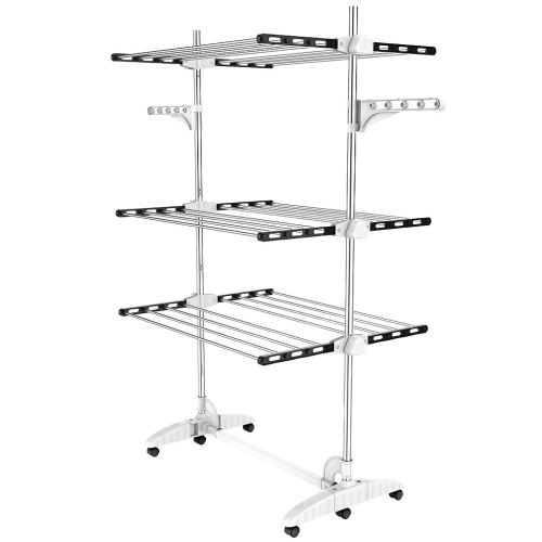 Todeco - Etendoir à Linge, Etendage à Linge, 3 étagères, Noir/Blanc, avec ailes, Matériau: Tubes en acier inoxydable