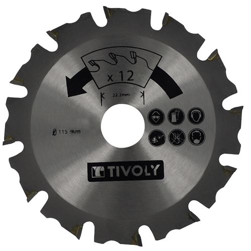Lame de Scie à Bois TIVOLY Ø115mm 12 dents alesage Ø22,22mm Acier Carbure Spécial Meuleuse pour tout type de bois