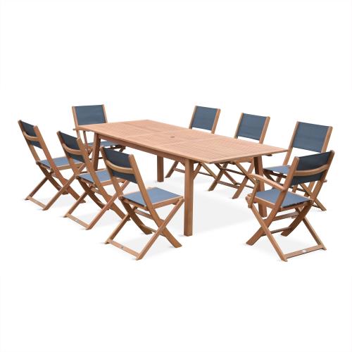 Sweeek Salon de jardin en bois extensible - Almeria - table 180/240cm avec rallonge 2 fauteuils et 6 chaises en bois d'Eucalyptus huilé et textilène g