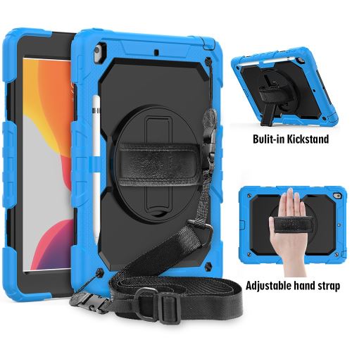 Coque en TPU + Silicone avec béquille pivotante à 360 ° et sangle bleu ciel/noir pour votre Apple iPad 10.2 (2019)
