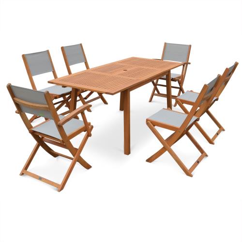 Sweeek Salon de jardin en bois extensible - Almeria - Table 120/180cm avec rallonge 2 fauteuils et 4 chaises en bois d'Eucalyptus huilé et textilène g