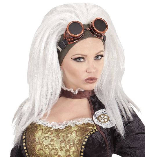 Perruque blanche steampunk avec lunettes