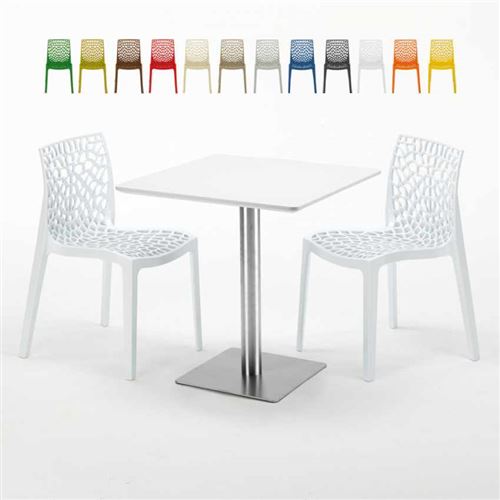 Table carrée blanche 70x70 avec pied en acier et 2 chaises colorées Gruvyer STRAWBERRY, Couleur: Blanc