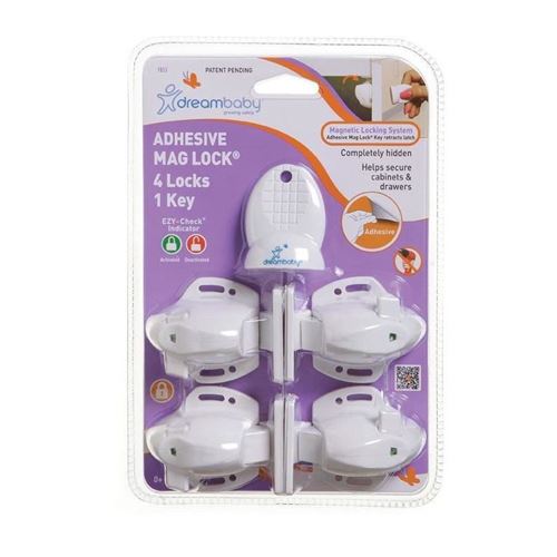 Dreambaby Bloque Placard/Bloque tiroir magnétiques adhésif, 4 serrures et 1 clé, blanc