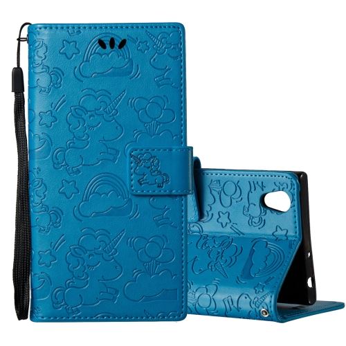 Sony Xperia L1 Housse Etui Cuir PU Gravé Licorne Mignonne Bleu ALS55046