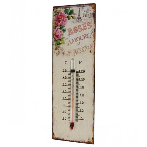 L'Héritier Du Temps - Thermomètre mural décoratif en celsius et farenheit ou à poser motif 'floral ancien' en fer et papier 0,5x8x25cm