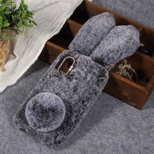 Coque en TPU forme de lapin en strass revêtu de fourrure duveteux gris foncé pour votre Xiaomi Redmi 6 Pro