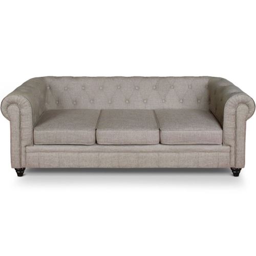 Paris Prix - Canapé 3 Places Lin chesterfield 207cm Beige