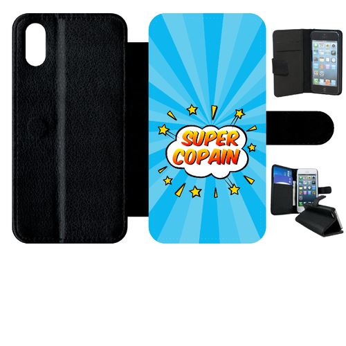 Etui My-Kase pour iPhone X - super copain fond graphique bleu - Simili-cuir Noir
