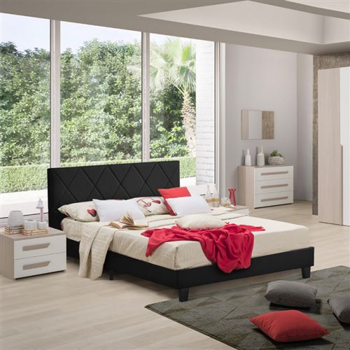 Lit double pour 2 personnes avec sommier Ã  lattes en tissu 160x190cm Nyon, Couleur: Noir